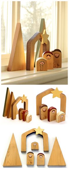 wooden toys are sitting on the windowsill in front of a window sill, and one is made out of wood