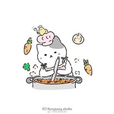 a drawing of a cat eating food with carrots and broccoli on the side