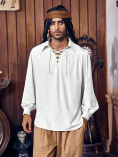 Blanco Casual Collar manga larga Tela tricotada Liso  Embellished Elástico Ligero Pirate Shirt Men, Medieval Shirt, Victorian Cosplay, Victorian Shirt, Viking Cosplay, Pirate Shirt, Poet Shirt, Pirate Shirts, Style Steampunk