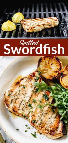 grilled swordfish with potatoes and greens on a plate