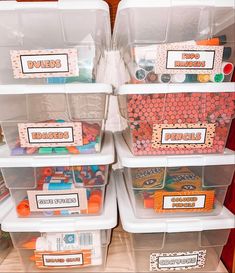 three bins filled with different types of crafting supplies and labeled labels on them