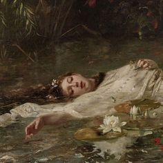 a painting of a woman floating in the water with lily pads on her feet and head