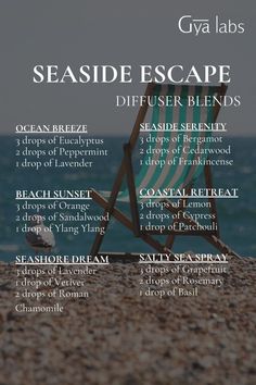 Close your eyes and inhale the calming aroma of Seaside Escape. These tranquil blends are perfect for recreating the serenity of the ocean in your own space.  #GyaLabs #UpliftYourEveryday #essentialoils #spring #summerseason #amazing #soulwisdom #Junevibes #summer  #summervibes #abundance #abundancemindset #miracles #blessings #inspiration #NaturalCare #HealthyLiving #EssentialOils #woman Headache Relief Essential Oils, Zen Vibes, Cosmetic Ingredients, Diy Essential Oil Recipes, Oil Diffuser Recipes, Essential Oil Blends Recipes