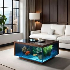 a living room filled with furniture and a fish tank on top of a coffee table