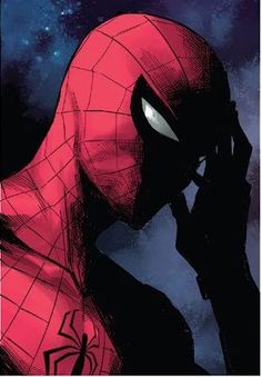 a spider - man looking at the sky with his hand to his face