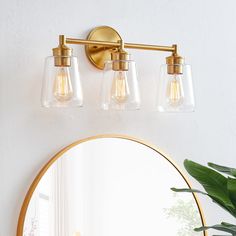 a bathroom vanity light with three clear glass shades on the wall above it and a round mirror