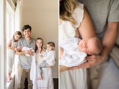 a man holding a baby in his arms while two photos show him and her family