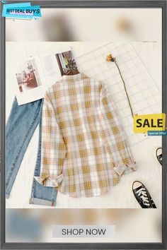 Literary Retro Plaid Shirt Women's Jacket Casual Collared Shirt For Fall, Trendy Yellow Shirt For Fall, Casual Yellow Shirt For Fall, Trendy Yellow Fall Shirt, Vintage Plaid Flannel Shirt, Vintage Plaid Flannel Shirt With Button Closure, Plaid Shirt Women, Vintage Plaid Cotton Flannel Shirt, Plaid Patchwork Button-up Outerwear