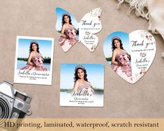 four heart shaped photo cards with the words, thank you and an image of a woman