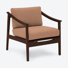 a wooden chair with a tan upholstered seat and arm rest, viewed from the front