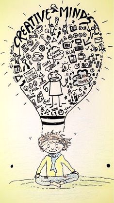 a drawing of a person sitting in front of a light bulb filled with doodles