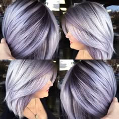 Silver Hair With Lavender Highlights, Silver Hair With Colored Highlights, Gray Hair With Purple Highlights Over 50, Silver Hair Bob, Silver Lavender Hair, Gray Highlights, Lavender Hair Colors, Purple Highlights, Hair Color Pastel