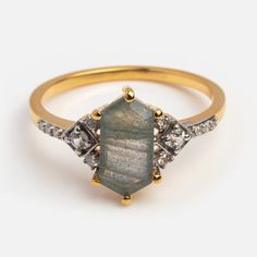 Labradorite Claudette Ring | Local Eclectic Gold Engagement Ring Moissanite, Labradorite Engagement Ring, Hexagon Jewelry, Aura Necklace, Jewelry Wishlist, Elizabeth Jewelry, Engagement Ring Moissanite, Local Eclectic, Chevron Ring