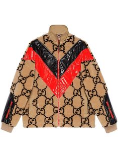 beige/black/red wool blend jersey fleece signature Interlocking G logo chevron panel detailing high neck front zip fastening long sleeves ribbed cuffs sleeve zip pocket two side welt pockets Barbie Sewing, Gucci Jacket, Wool Mini Skirt, G Logo, Houndstooth Jacket, Leather Jacket Style, Houndstooth Dress, Trendy Clothing, Red Wool