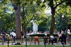 people are sitting on benches in the park