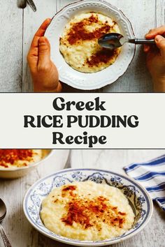 a bowl of greek rice pudding on a table with two hands holding a spoon over it