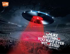 an advertisement for the club with a flying disk in the air above a stadium full of people