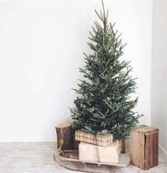 a small christmas tree sitting on top of a wooden sled next to two boxes