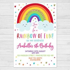 rainbow birthday party card with clouds and stars