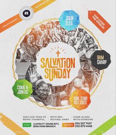 the salvation sunday flyer is shown in multicolored colors and features an image of jesus