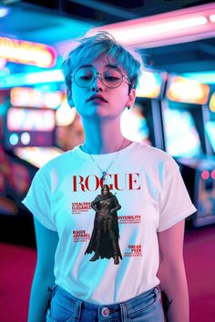 a woman wearing glasses and a t - shirt with the words roge on it