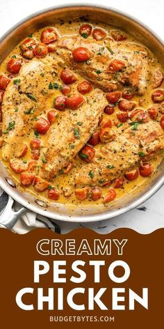 creamy pesto chicken with tomatoes in a skillet