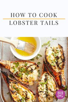 how to cook lobster tails on a baking sheet with a bowl of oil and spoon