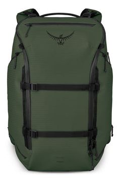 a green backpack with black straps and an eagle emblem on the front, sitting against a white background