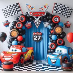 cars themed birthday party with balloons and decorations