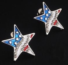 Pair of patriotic flag star earrings finished in red, white, and blue enamel with sparkling rhinestones. Post style for pierced ears. measures 1". Sold as one pair of earrings. 4th Of July Jewelry, Star Silhouette, Halloween Socks, Faith Jewelry, Patriotic Stars, Patriotic Flag, Five Points, Fall Jewelry, Trendy Earrings