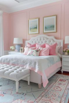 a bedroom with pink walls, white furniture and paintings on the wall above the bed