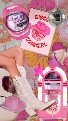 a collage with an old fashion jukebox, cowboy boots and disco ball