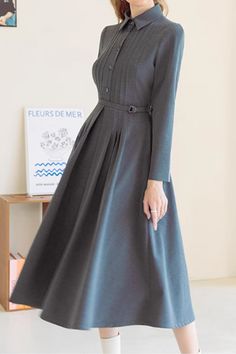 Gray fit and flare shirt dress women 4880 – XiaoLizi Fall A-line Midi Dress For Office, A-line Shirt Dress For Office, Winter Pleated Long Sleeve Dress, Semi-formal Fall Shirt Dress, Formal A-line Shirt Dress For Fall, Classic A-line Shirt Dress For Fall, Elegant Shirt Dress For Office Wear In Fall, Long Sleeve Belted Dress For Office, Belted Long Sleeve Office Dress