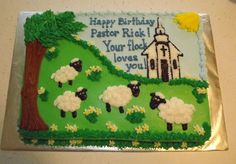 a sheet cake decorated with sheep, trees and a church on the hill that says happy birthday pastor rick your flock loves you