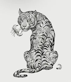 a black and white drawing of a tiger with flowers on it's back legs