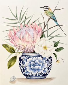 a painting of flowers in a vase with a bird sitting on the branch next to it