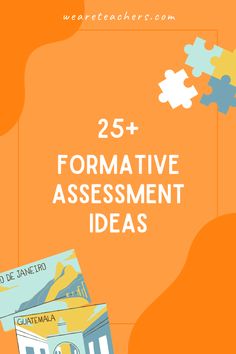 an orange background with puzzle pieces and the words 25 + formative assignment ideas on it