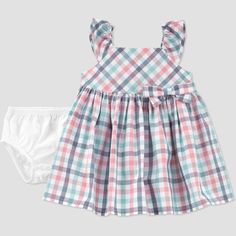 This 2-piece set for babygirl is perfect for elevating her look and for special occasions. From Just One You made by Carter's, it takes all the guesswork out of their look of the day. The matching diaper bloomer covers baby's bottom and the dress features flutter sleeves and the cutest little details to keep baby both sweet and stylish. If she's walking, she can twirl and play with ease in this little dress. This 2-piece set for baby girl is so cute and simply will not disappoint. Size: 3T. Colo Frills Dress, Tartan Plaid Dress, Target Baby, Blue Plaid Dress, Sparkly Shoes, Baby Bottoms, Real Doll, Look Of The Day, Baby Cover