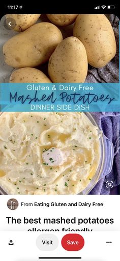 an image of potatoes and mashed potatoes with the text gluten & dairy free dinner side dish