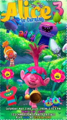 the poster for alice is turning, which features cartoon characters and flowers in front of them