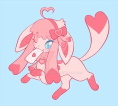 a pink bunny with heart shaped ears is flying through the air and has her eyes closed