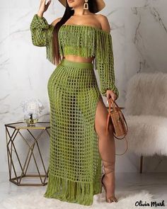 Color: Army green, Size: L Long Skirt Suits, Tassel Skirt, Crop Top Skirt Set, Crochet Swimwear, Two Piece Pants Set, Off Shoulder Crop Top, Dresses Cheap, Top Skirt Set, Off Shoulder Fashion