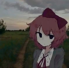 an anime character is standing in the middle of a dirt road with grass and trees behind her