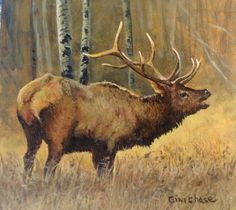 a painting of an elk in the woods