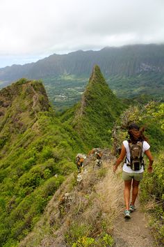 a woman hiking up the side of a lush green hill covered in grass and bushes