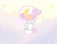 an image of a rabbit in a basket with stars and moon on the sky background