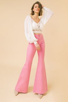 A solid twill bell bottom pant Details Self: 97%Cotton, 3% Spandex Size & Fit - Model is 5`8" And Wearing Size Small - Measurements Taken From Size Small - Approx. Length: 44" Cotton Fitted High-waisted Flare Jeans, Fitted Flare Jeans For Spring, Fitted High-waisted Cotton Flare Jeans, Feminine Fitted Cotton Bottoms, Feminine Stretch Cotton Bottoms, Chic Fitted Cotton Bottoms, Feminine High Waist Cotton Bottoms, Feminine High-waist Cotton Bottoms, Trendy Fitted Wide Leg Cotton Pants