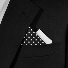 Dress Up Your Suit Or Sport Coat With A Pre-Folded Pocket Square. It's Easy To Use And Looks Like A Well Placed Pocket Square. Just Slip The Insert Into Your Breast Pocket And Adjust Height To Your Taste. It Can Be Reversed For A Different Looking Fold. Trim Bottom Of Card If You Want Less Pocket Square Showing. Black With White Polka Dots And White Handkerchief Style - Pre-Folded Dual Contrasting Matching Color On Backside 2 Point Design Pre-Folded - Reversible Ready To Insert In Breast Pocket Classic Cotton Pocket Square For Business, Classic Cotton Pocket Square For Formal Wear, Classic Cotton Pocket Square For Formal Events, Classic Cotton Pocket Square For Formal Occasions, Classic Black Pocket Square For Business, Classic Black Pocket Square, Classic Cotton Handkerchiefs For Formal Occasions, Classic Cotton Formal Handkerchiefs, Classic Black Formal Handkerchiefs