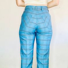 "REFER TO MEASUREMENTS, AS RETURNS ARE NOT ACCEPTED: Size 4 Waist: 26\" Hip: 37 Inseam: 32 Rise: 11 70's vintage Lee blue and black plaid trousers pants. High waisted, straight relaxed leg. boho, hippie, 60's, 70's inspired, artsy, bohemian, business casual, structured, western, frontier, prairie, cowboy, Cowgirl, workwear, americana" Retro Blue Bottoms With Pockets, Retro Straight Pants With Pockets, Retro Bottoms With Welt Pockets, Retro Cotton Bottoms With Welt Pockets, Retro Straight Leg Bottoms With Welt Pockets, Vintage Blue Bottoms With Pockets, High Waist Blue Bottoms With Welt Pockets, High-waist Blue Bottoms With Welt Pockets, Retro Blue Straight Leg Pants