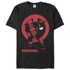 the deadpool t - shirt is shown in red and black, with an image of a